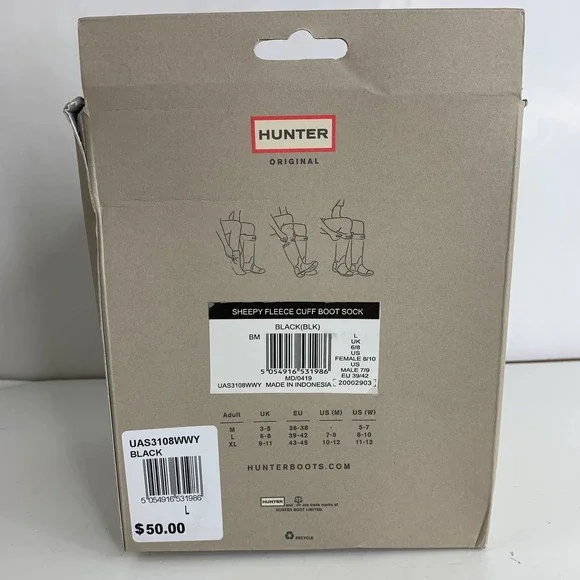 Hunter Black Sheepy Fleece Cuff Boot Sock NIB Sz L - Picture 4 of 6